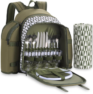Picnic Backpack, 4 Person Green Picnic Bag with Full Dining & Cutlery Set, Insulated Cooler Compartment & Large Waterproof Picnic Blanket, Lightweight Water Resistant Camping Accessories