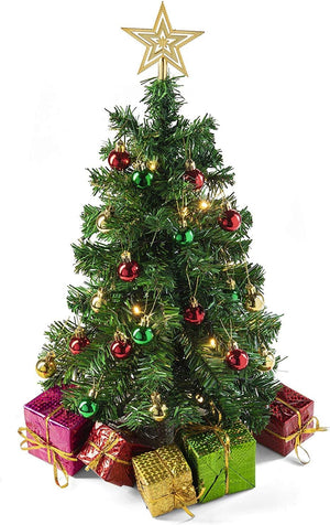 23-Inch/1.91Ft Green Christmas Tree with Warm-White LED Lights - DIY Tabletop Mini Artificial Xmas Tree with Star Treetop, Tiny Gift Boxes, and Hanging Ornaments for Mini Christmas Decorations