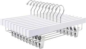 35.5cm White Wooden Pants Hangers 10pcs, Smooth Wood Skirt Hanger Organizer with Adjustable Anti-Slip Chrome Clips, Space Saving Solid Clothes Hangers Rack for Bottoms Jeans Slacks Trousers