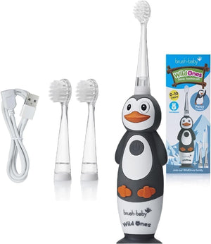 WildOnes Kids Electric Rechargeable Toothbrush Penguin, 1 Handle, 3 Brush Head, USB Charging Cable, for Ages 0-10 (Penguin)