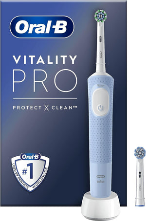 Vitality Pro Electric Toothbrushes Adults, 1 Handle, 2 Toothbrush Heads, 3 Brushing Modes Including Sensitive Plus, 2 Pin UK Plug, Blue