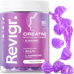 , Max 5000mg, 90 Creatine Monohydrate Gummies, Added 500mg BCAAs + 500mg L-Carnitine, Vegan & Sugar-Free, Premium Pre-Workout, Gym Supplement (1 Month Supply) (Purple Grape)