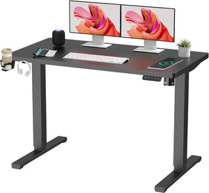 QS+110 * 60 Electric Standing Desk ONE PIECE Height Adjustable Standing Desk With Memory Smart Panel Sit Stand Desk Adjustable Desk Stand Up Desk for Home Office(Black Frame+ Black Desktop)