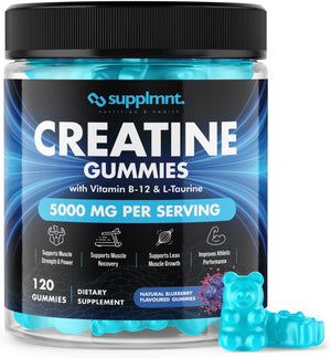 Creatine 120 Gummies Max 5000mg for Men & Women Creatine Monohydrate Plus B12 and L-Taurine Chewable Gummies, Blueberry Flavour 1 Month Supply (1 Count (Pack of 120), Blueberry)