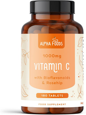 Vitamin C 1000mg | 180 Vegan VIT C Tablets [6 Month Supply] | High Strength Ascorbic Acid | with Added Bioflavonoids & Rosehip | for Normal Immune System |