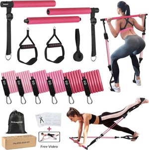 Pilates Bar Set Pilates Equipment With 6 Latex Elastic Resistance Bands 20-180LBS & Door Anchor Pilates Equipment For Home Gym Workout Fitness Equipment