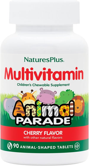 NaturesPlus Animal Parade Children’s Multivitamin Cherry Flavour - Plant Based Chewable Multivitamin for Kids - Gluten Free, Vegan - 90 Chewable Tablets