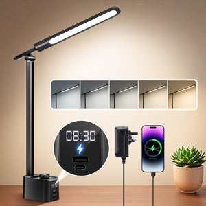 Led Desk Lamp with Plug Eye Caring 700lm 4in1 Table Lamp with USB*Type-C Charging Port, Clock&Pen Holde,5Light Modes*14Brightness Dimmable Bedside Lamp,Led Desk Lamps Office Desk Accessories