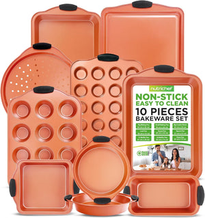 10-Piece Non-Stick Baking Pans Set - Premium Nonstick Carbon Steel Oven Bakeware - Includes Cookie Sheets, Muffin & Cake Pans, Pizza Crisper, Roasting Pans, w/Silicone Handles - Copper