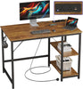 Computer Desk, 100cm Office Desk with Power Outlets, USB & Type-C and Shelves, Modern PC Desk with Hook, Study Table for Writing, Small Desk for Bedroom Home Office, Rustic Brown