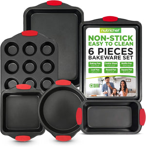 6-Piece Steel Nonstick Bakeware Set - Carbon Steel Baking Tray Set w/Heatsafe Red Silicone Handles, Oven Safe Up to 450°F, Loaf Muffin Round, Cookie Sheet, Baking Pan NCSBS6S , Black