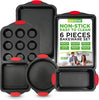 6-Piece Steel Nonstick Bakeware Set - Carbon Steel Baking Tray Set w/Heatsafe Red Silicone Handles, Oven Safe Up to 450°F, Loaf Muffin Round, Cookie Sheet, Baking Pan NCSBS6S , Black