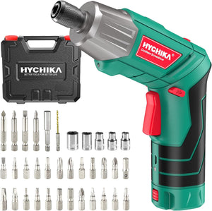 HYCHIKA Electric Screwdriver, 6Nm Torque Cordless Screwdriver 2000mAh 3.6V with 35 Accessories, LED Light and Rear Flashlight, USB Cable and Storage Box