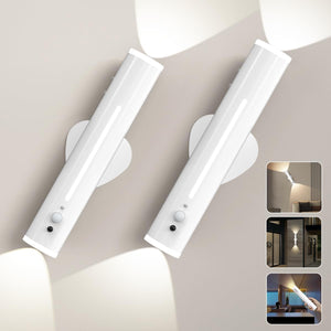 Battery Operated Wall Lights 2 Pack, Motion Sensor Rechargeable Wall Sconces Lights Indoor, Metal Magnetic Wireless Rotatable, Stick on LED Night Lamp for Outdoor Bedroom Porch Bathroom