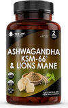 Ashwagandha KSM-66 and Lions Mane Capsules - High Strength 2000mg KSM-66 Ashwaghandha Root Extract and Lions Mane Mushroom Extract - 120 Vegan Capsules with Black Pepper - UK Made by New Leaf