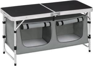 Folding Camping Cupboard Kitchen, Height Adjustable Aluminum Camping Table with Storage, Lightweight Picnic Table with Carry Handle for Outdoor Patio BBQ Party, Black + Grey