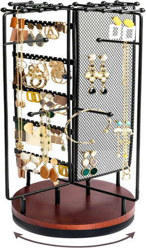 Jewellery Organiser Stand Earring Holder with 28 Necklace Hooks, 360 Rotating Necklace Holder Earrings Storage Rack Jewelry Tower Bracelet Holder, Holds More than 100 Pairs Earrings -Black