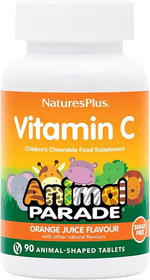 NaturesPlus Animal Parade Sugar-Free Children's Vitamin C Supplement - Natural Orange Juice Flavour - 90 Chewable Animal Shaped Tablets - Immune Support, Vegan and Gluten Free - 45 Servings