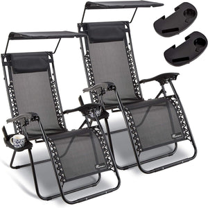 Set of 2 Sun Lounger Garden Chairs With Canopy and Cup Holder | Adjustable Headrest Pillow | Deck Folding Recliner Zero Gravity Outdoor Chair – Black