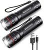 LED Torch Rechargeable, 2 Pack Super Bright Adjustable Focus Flashlight, 3 Lighting Modes, Long Battery Life, Waterproof Pocket Size Torch for Power Cuts, Emergency