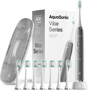 Vibe Series Ultra Whitening Toothbrush ADA Accepted Electric Toothbrush - 8 Brush Heads & Travel Case - Ultra Sonic Motor & Wireless Charging - 4 Modes w Smart Timer Charcoal Metallic