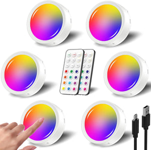 RGB Rechargeable Spot Lights Indoor, 1600mAh Battery Colour Changing LED Puck lights with Remote Push Button Under Cupboard Kitchen Lights USB Stick On Display Cabinet Light Magnetic Touch Shelf Light