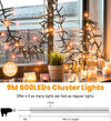 Cluster Christmas Lights Outdoor, 9m 600LEDs Christmas Tree Lights Mains Powered, Fairy Lights with 8 Modes&Timer&4 Brightness Levels&Waterproof with Remote for Garland/Party/Xmas Decorations