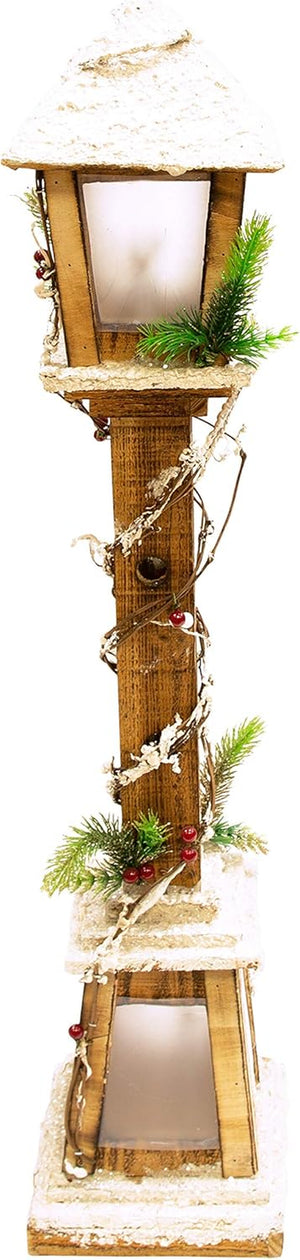 71200 Snow Topped Wooden Lamppost / 10 Warm White LED Lights / Indoor Christmas Decorations / Frosted Star Windows / Battery Powered / 85cm x 16cm x 16cm