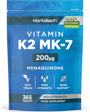 Vitamin K2 MK7 200ug | 365 Vegan Tablets | High Strength Menaquinone MK-7 | Supports Bone Health | No Artificial Preservatives | by