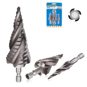 3PCS HSS Spiral Step Drill Bit Sets,  4-Flute Metal Drill Bits, 1/4" Hex Shank, Metric 4-32mm Cone Cutter, Hole Cutter for Sheet Metal, Plastic, Steel Plate