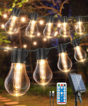 Solar Festoon Lights Outdoor,14M/46FT USB&Solar String Lights with Remote, 30LED Shatterproof Bulbs, IP65 Waterproof for Garden, Gazebo Patio Party Wedding Decor