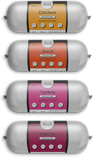 Pet Products Dog Food Pate | Multi Pack 4 x 400g Premium Pate | Dog Pate Tube 1 x Chicken 1 x Duck 1 x Turkey 1 x Ostrich