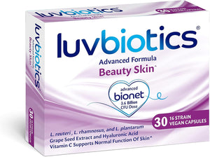 Luvbiotics Probiotic Beauty Skin Vegan Supplements - 30 Capsules- Hyaluronic Acid + Grape Seed Extract + Vitamin C