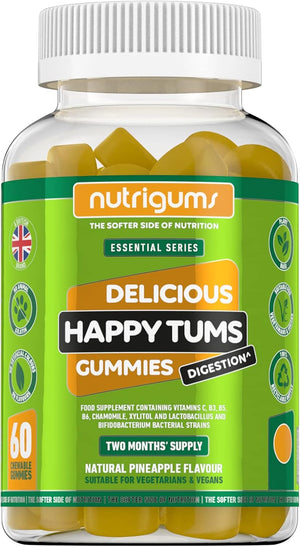 Happy Tums Probiotic Complex Gummy | 1.125 Billion CFU Triple Strain Probiotics, Vitamin C, B3, B5, B6 & Chamomile 1000mg | Pineapple Flavour | 60 Vegan Gummies | Gut & Digestive Health by ®