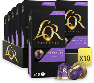 Espresso Lungo Profondo Coffee Pods x10 Intensity 8 (Pack of 10, Total 100 Capsules)