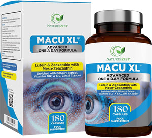 Macu XL - Lutein and Zeaxanthin Supplement - 6 Month Supply with Meso Zeaxanthin, Bilberry Extract, Vitamins A, B12 & Zinc, 180 Vegan Capsules - Eye Supplement for Vision Health – Eye Vitamins