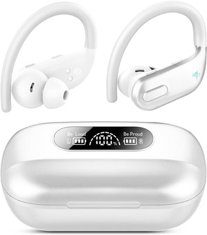 Wireless Earbuds, Bluetooth 5.3 Headphones Wireless with 4 ENC Noise Canceling Mic, 80Hrs LED Display Over Ear buds with Earhooks, Deep Bass Wireless Earphones, IPX7 Waterproof for Sport(White)