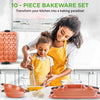 10-Piece Non-Stick Baking Pans Set - Premium Nonstick Carbon Steel Oven Bakeware - Includes Cookie Sheets, Muffin & Cake Pans, Pizza Crisper, Roasting Pans, w/Silicone Handles - Copper