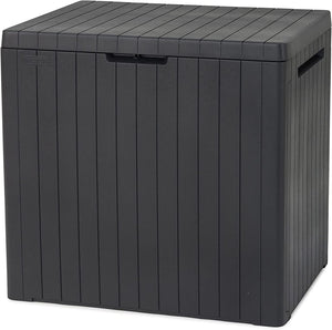 "City Oasis 113L Balcony Garden Storage Box: Stylish Grey Wood Panel Design, Weatherproof, Low Maintenance, 2-Year Warranty"