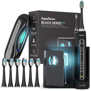 Black Series PRO Ultra Whitening Toothbrush w UV Sanitizing Base 4 Modes & Smart Timers UV Sanitizing & Charging Travel Case Electric Tooth Brush 6 Proflex Brush Heads