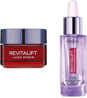 L’Oreal Paris Revitalift Laser Renew Pro-Xylane Anti-Ageing Day Cream, Face Moisturiser, 50 ml & Hyaluronic Acid Serum Revitalift Filler, 1.5% Pure Concentrated Hyaluronic Acid Dropper Serum