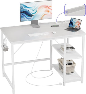 Computer Desk, 100cm Office Desk with Power Outlets, USB & Type-C and 2 Shelves, Modern White Desk with Hook, Study Table for Writing, Small Desk for Bedroom Home Office, White