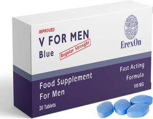 - V for Men 20 Blue Pills - 100mg Herbal Supplements for Male Enhancing - High Performance & Hard Enhancement - Fast, Strong & Long-Lasting Effect - Energy Boost & Health Support