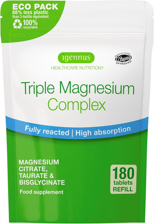 Advanced Triple Magnesium Complex, 2000mg Glycinate, Citrate & Taurate, Clean Label & Chelated, 262mg Elemental Magnesium, Vegan, 180 Tablets, 90 Servings, by Igennus