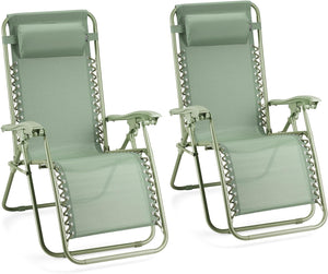 Zero Gravity Chairs Set of 2 - Reclining Sun Loungers for Garden - Textilene Folding Sunloungers with Detachable Headrest - Fold Away 2 Set Deck Chairs for Outdoor, Patio (Sage Green)
