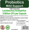 Probiotics Capsules Max Support 6 Billion CFU 100 Pack by  | Healthy Gut | Digestion Support | Bio Cultures | Premium Vegetarian Capsules