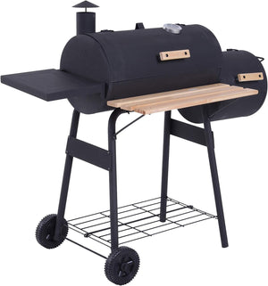 Charcoal Barbecue Grill with Offset Smoker, Barrel BBQ Trolley with 3 Storage Shelves & Thermometer for Outdoor Garden Camping Picnic Cooking, Black