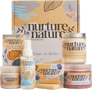 Nurture by Nature RELAX & CALM Pamper Gifts for Women Set - Lavender Pillow Mist, Bath Salts, Bath Bomb, Candle & More - Bath Set - Relaxation Gifts for Women - Pamper Sets for Women Gifts