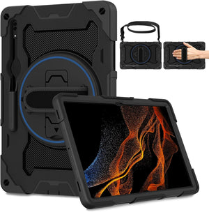 for Samsung S8 Ultra Tablet Case 14.6 inch 2022,Heavy Duty Shockproof Galaxy Tab S8 Ultra Case SM-X900/X906 with Screen Protector & Rotating Stand & Shoulder Strap & Pencil Holder,Black