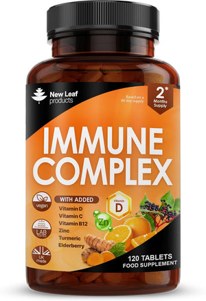 Vitamin D Tablets - Immune Booster Complex - Enriched with Immune System Vitamins C, D, B12, Zinc, Turmeric & Elderberry - Immune Support Made in The UK Immunity Booster by New Leaf 120 Tablets